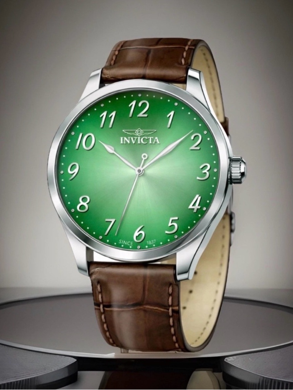 Invicta Celestial Green Dial 43MM Dress Watch Brown Leather Strap BrandNew W/Box